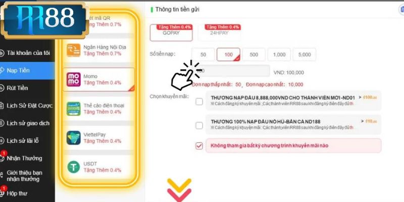 Hướng dẫn chi tiết các bước gửi vốn tại RR88
